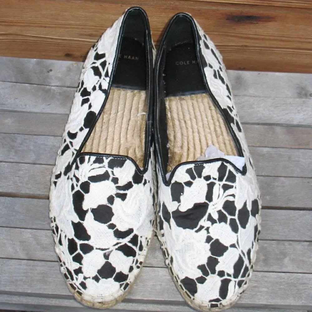 Cole Haan Womens 8 Palermo Lace Espadrille Shoes Black White